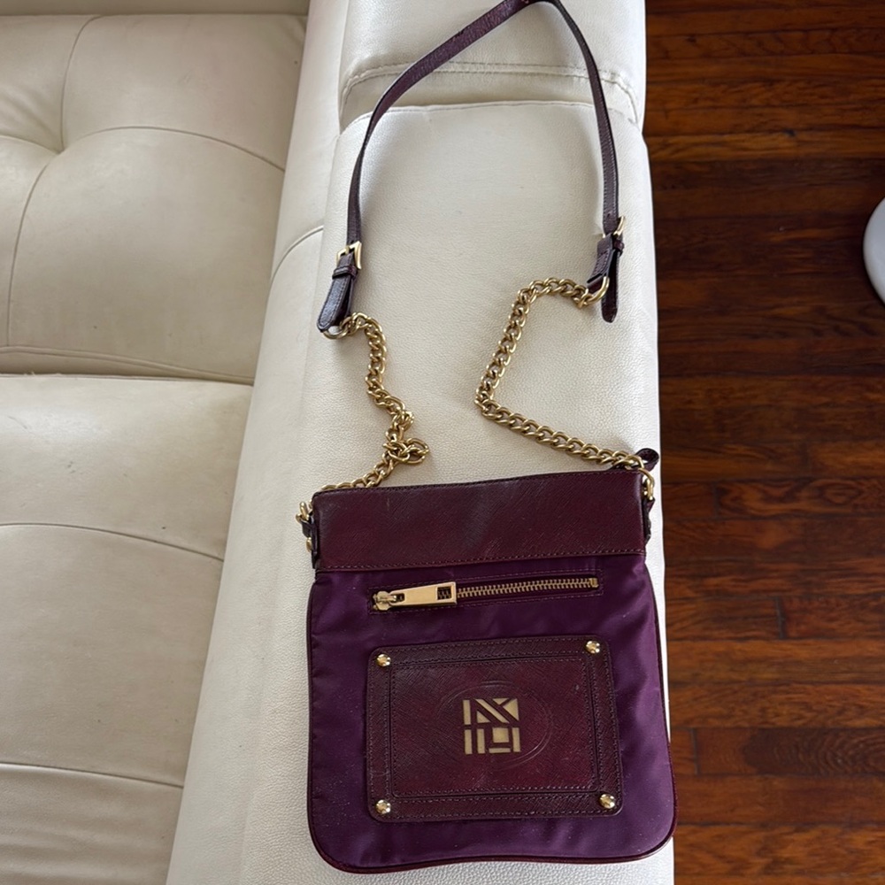 Anne Klein Purple Crossbody Bag with Gold Chain and Front Logo Pocket